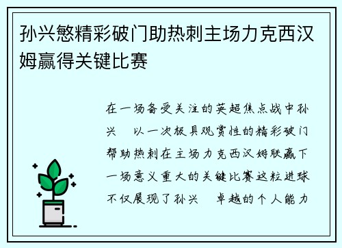 孙兴慜精彩破门助热刺主场力克西汉姆赢得关键比赛